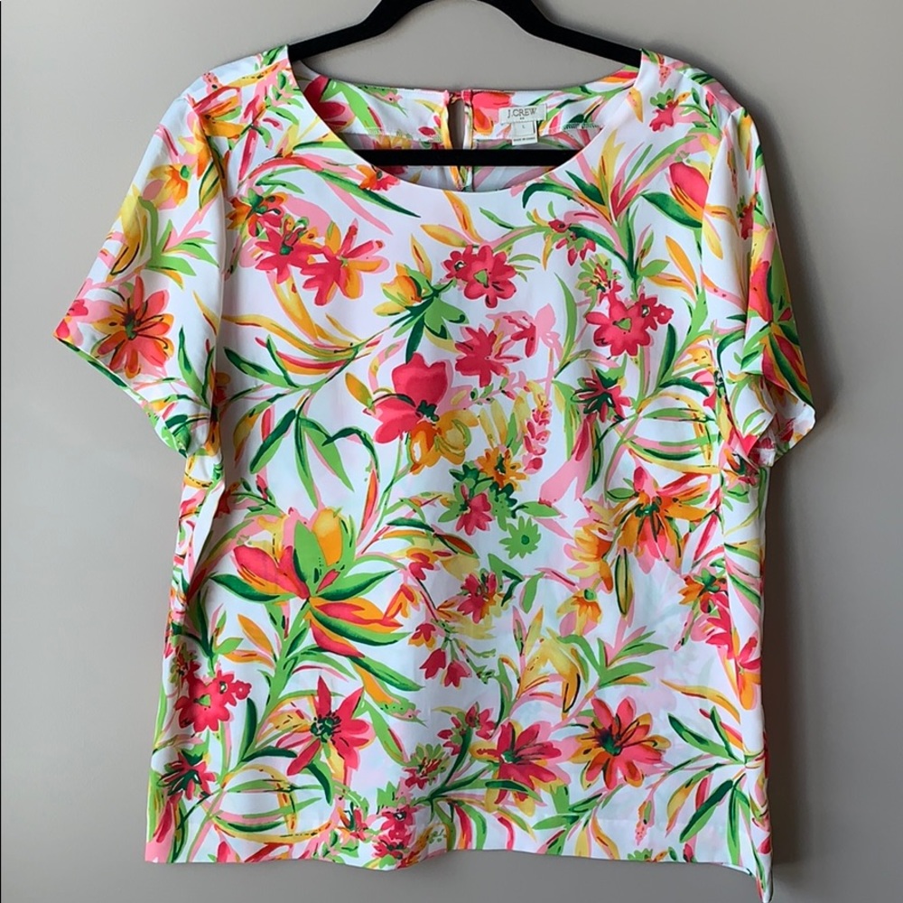 J. Crew White Floral Short-Sleeve Tee with Pink, Green & Yellow Print